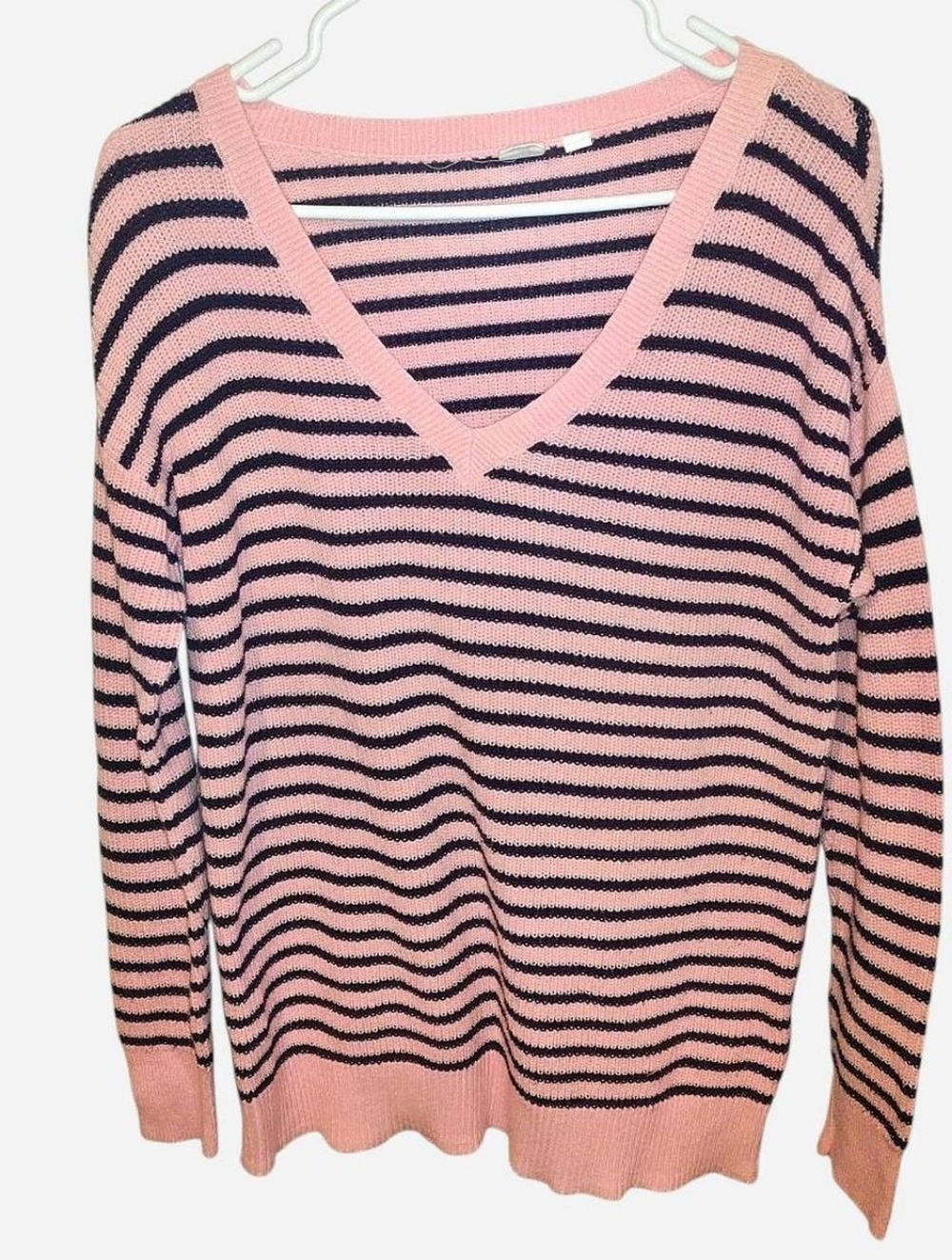 Women's Gap Pink and Black Striped V-Neck Sweater